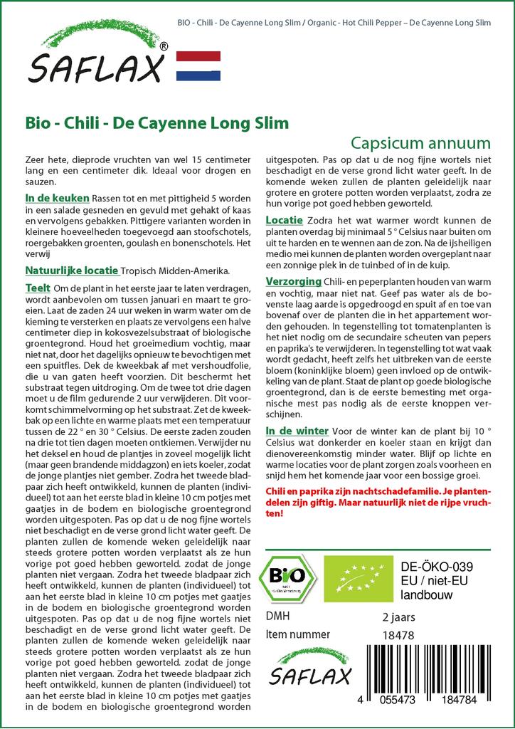 SAFLAX Garden in the Bag - Органический - Острый перец чили - De Cayenne Long Slim - 10 семян - С субстратом в подходящем пакете - Capsicum annuum