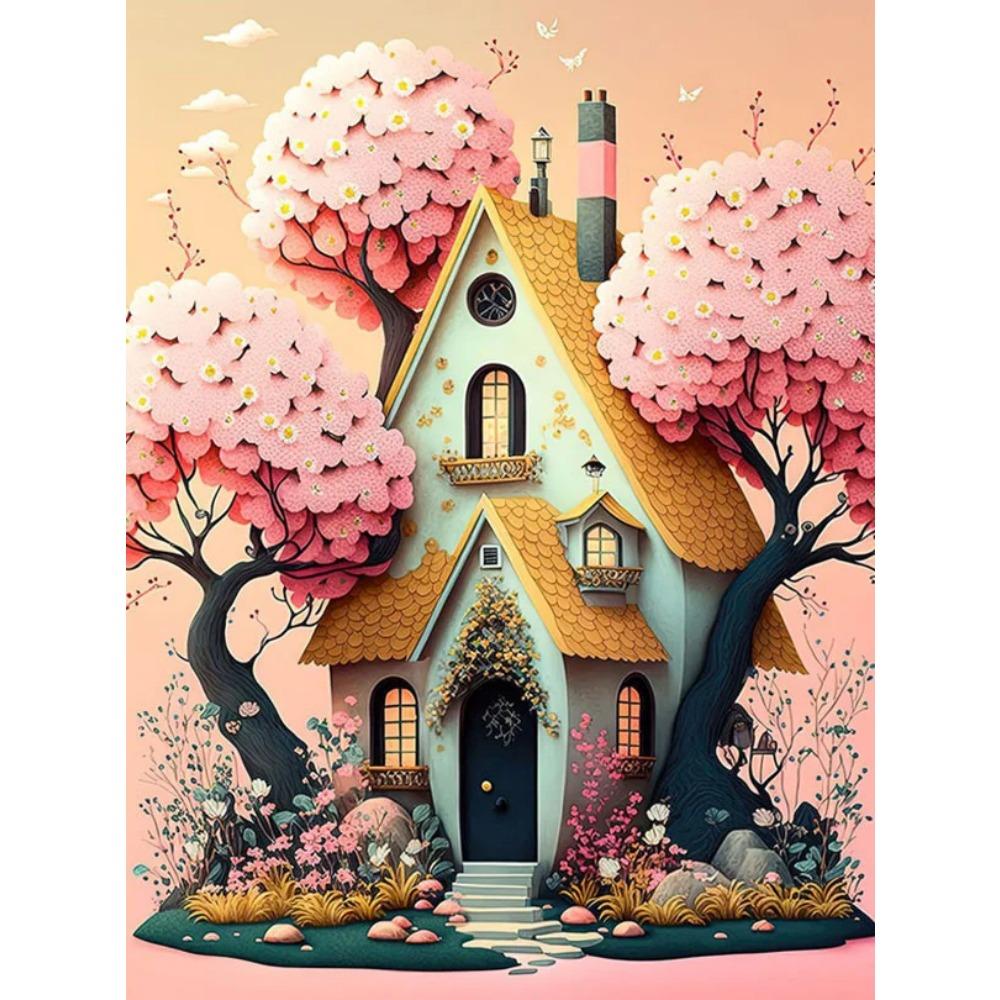 Алмазная картина Full Drill Art Розовый дом Животное Круглая алмазная живопись Ручная работа Звезда Кот Diy Алмазная мозаика Картина Украшение дома