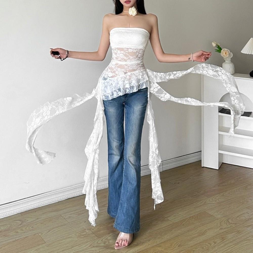 Off Shoulder Jellyfish Mesh Tube Top Irregular Hem Women Chic Tops Fashion Lace Ruffle Vest Party