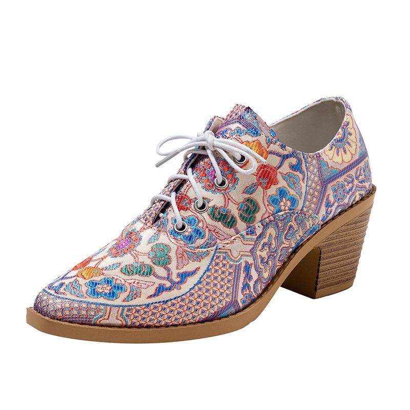 Женские осенние туфли-лодочки на высоком каблуке с острым носком на шнуровке больших размеров на толстом каблуке профессиональные туфли-лодочки