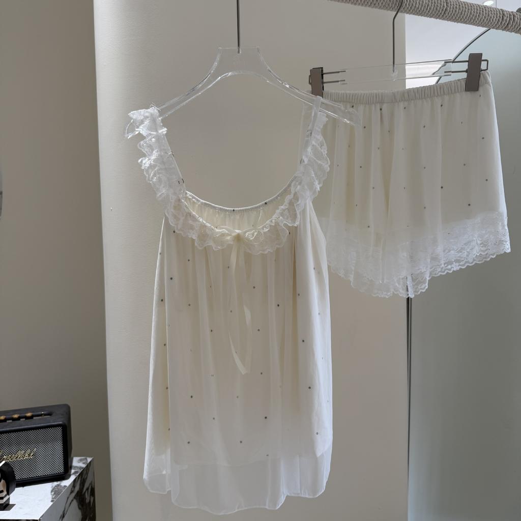 Mesh pajamas women's summer girl pure desire suspender shorts loungewear suit sweet girl sexy pajamas women