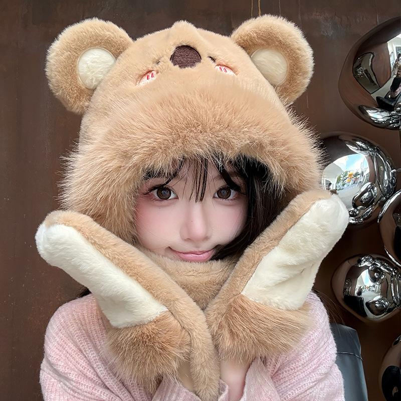 Cute bear plush hat women's winter new cold and warm hat scarf integrated thickened ear protector Lei Feng hat