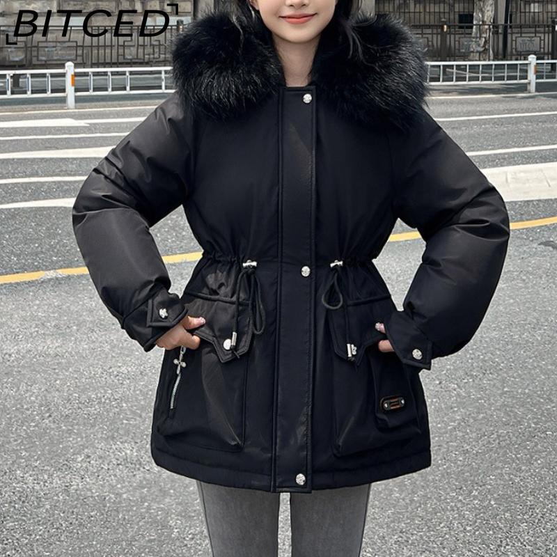 BITCED Winter Thickened Puffer Coat for Women with Waist-cinching, Slimming Fit, Hood and Large Fur Collar for Warmth