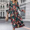 Women's Fashion Spring Fall Flower Pattern Print Long Sleeve V-Neck High Waist Casual Dresses