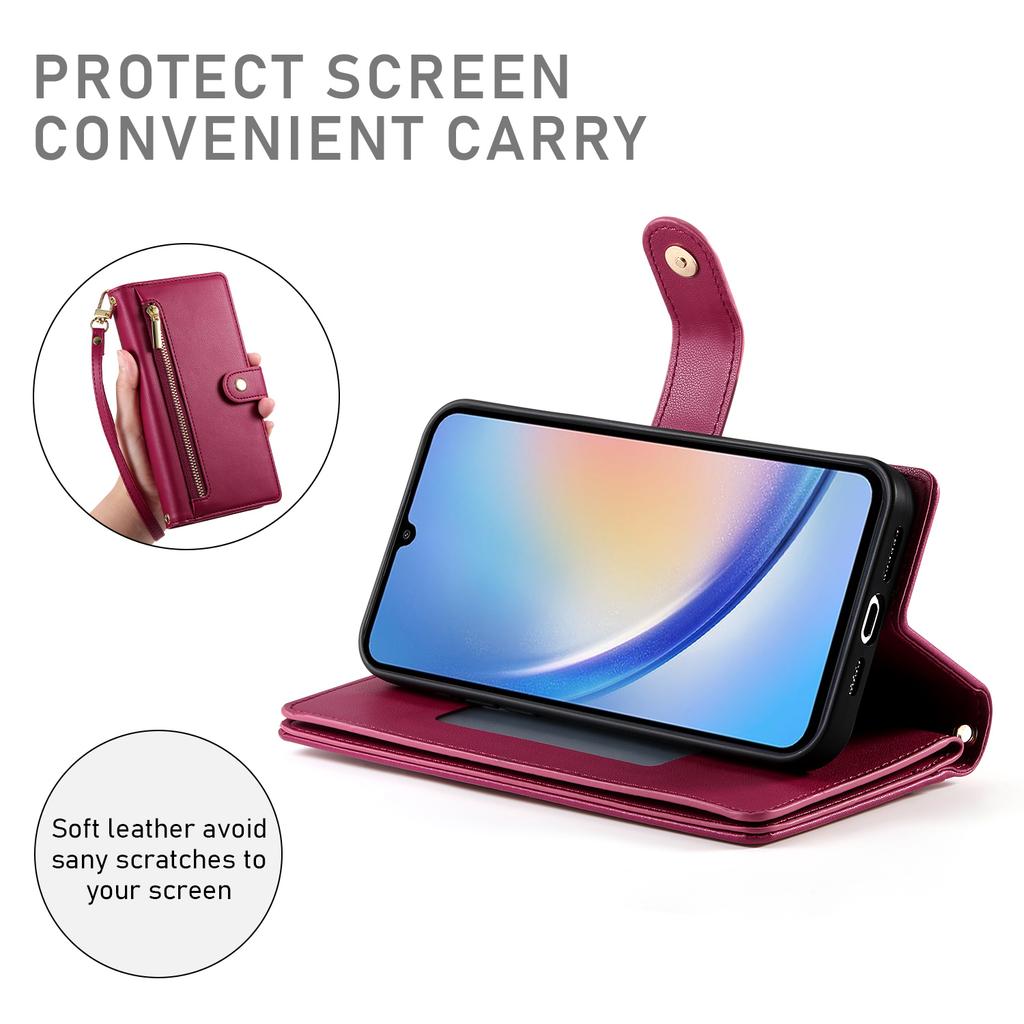 DF-011 For Samsung Galaxy A34 5G Case Card Slots Zipper Leather Cover Crossbody Phone Bag