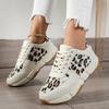 Women's Large Leopard Print Lace-Up Sneakers - Round Toe & Flat Casual Style