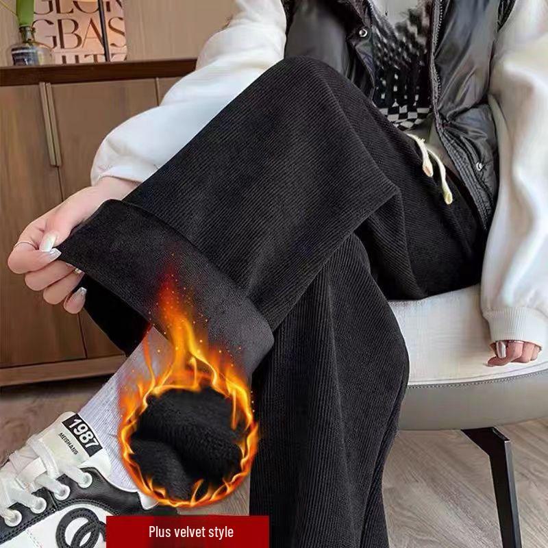 Женские широкие брюки из утолщенного вельвета и бархата с высокой талией - Коллекция Весна и Осень-Зима