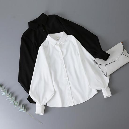 Women Shirt Lapel Lantern Long Sleeve Single Breasted Shirt Tops Solid Color Loose Fit Work Casual Daily Tops