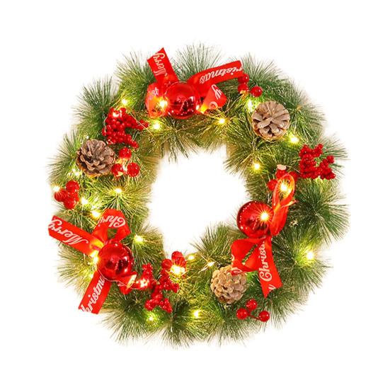 Pre-Lit Christmas Wreath for Front Door 12 Inches LED Lighted Artificial Christmas Wreath with Pine Cones Berries for Indoor Outdoor Decor