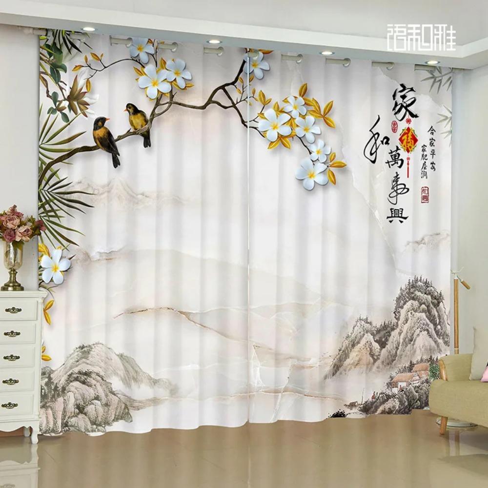 Элегантная роскошная комната в китайском стиле, декоративный рисунок в виде пейзажа, принт, гостиная, кабинет, спальня, ставни, жалюзи, 2 панели