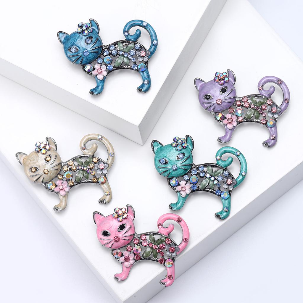 Lovely Enamel Cat Brooch Women Rhinestone Flower Animal Corsage Pins Gifts