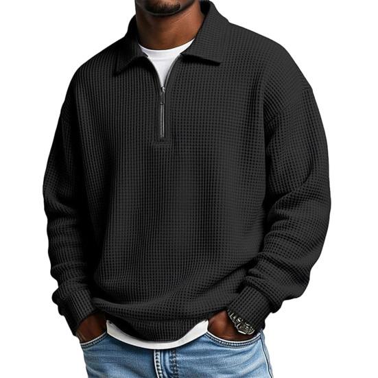 Мужской свитшот, вафельная текстура, длинный рукав, молния до середины, классический отложной воротник, пуловер, однотонный, свободный крой, повседневный спортивный топ