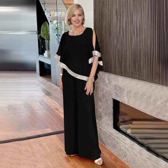 2 Pcs/Set Women Top Pants Set Bat Sleeve O Neck Shiny Sequin Irregular Blouse Elastic