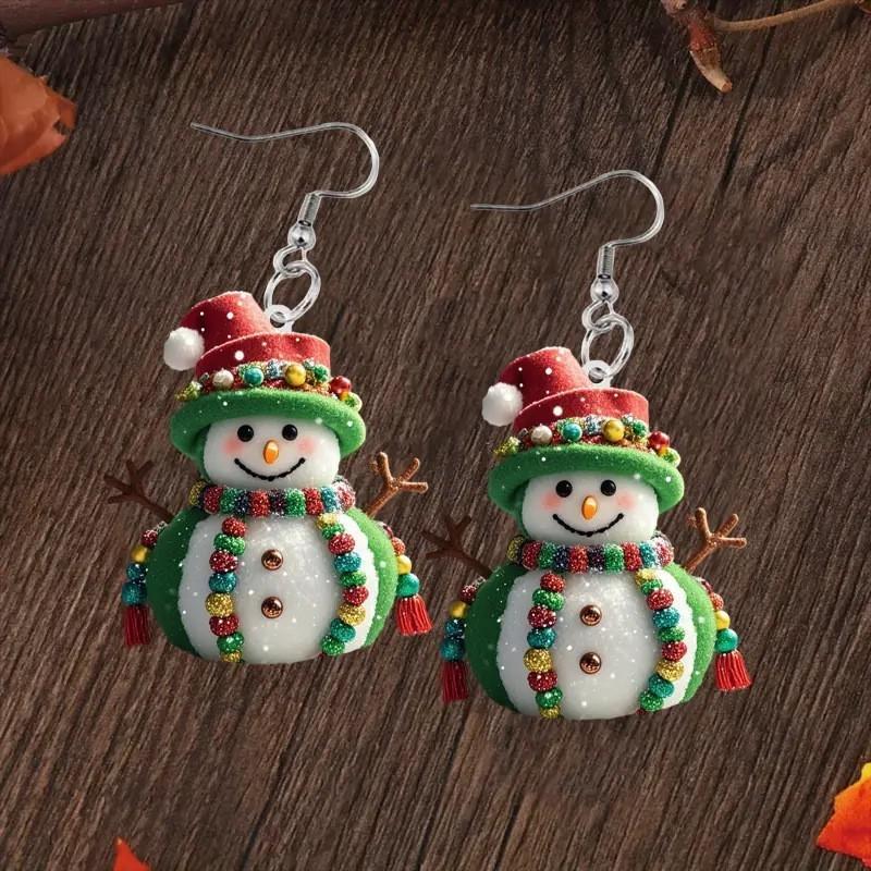 Christmas Snowman Themed Pattern Women Acrylic Earrings For Winter Holiday And