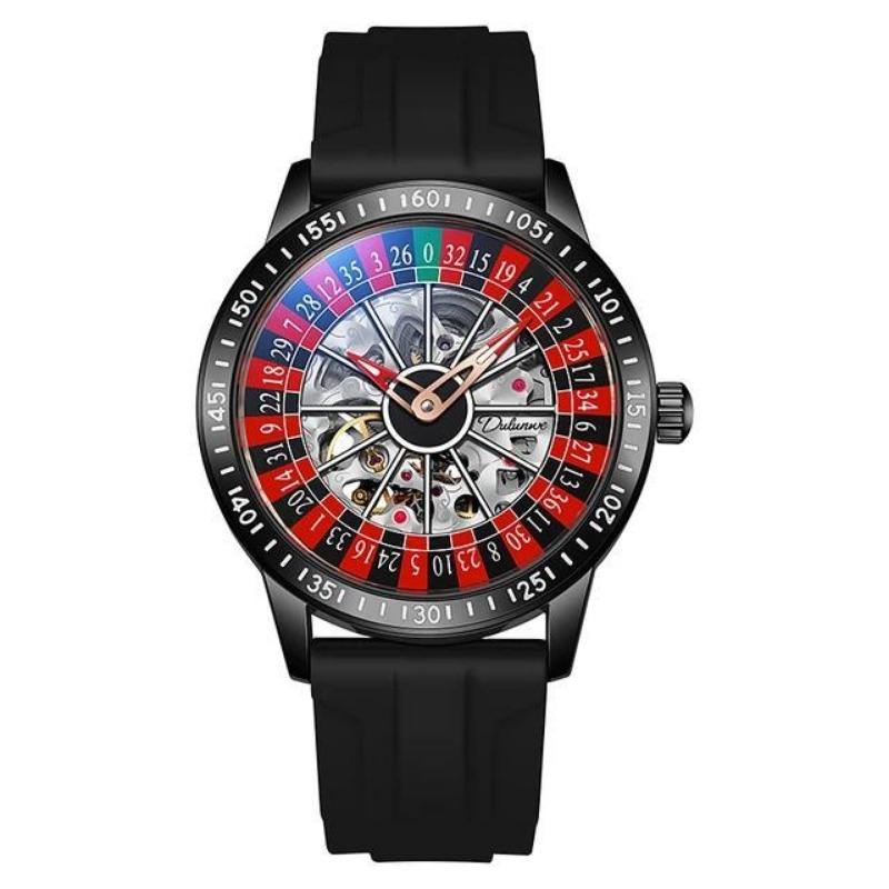 Dulunwe Swinging Rotary Dial Design Hollow Skeleton Watches Business Trendy Men Wristwatch Roulette Wheel Automatic Mechanical Watch