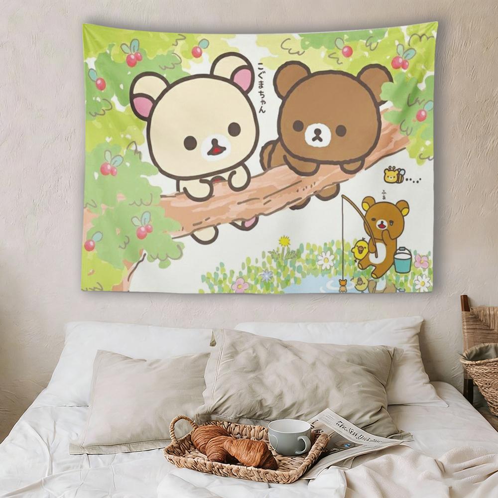 Cute Brown White Bear Wall Tapestry Hippie Floral Art Carpet Dorm Decor Aesthetic Wall Hanging