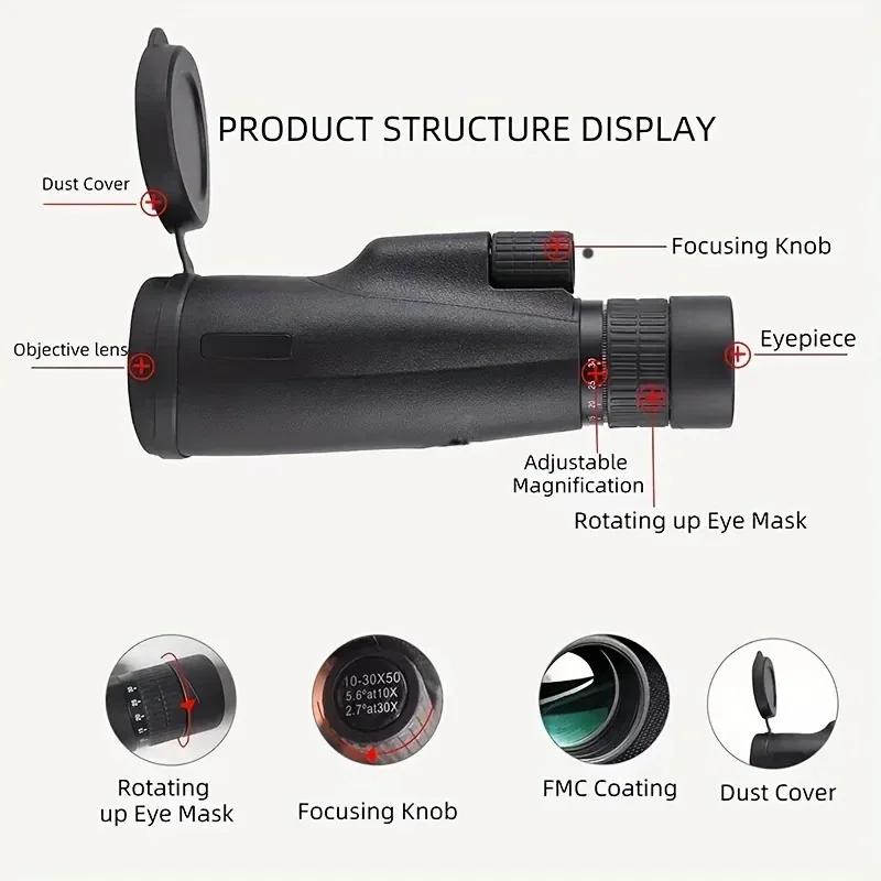 10-30x50mm Stepless Zooming Long Range Bak4 Prism Telescope Monocular Telescope for Hunting Outdoor Camping Adventure Exploring