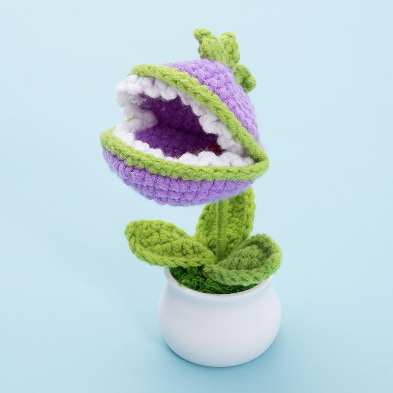 1PC Hand-Knitted Cannibal Flower Potted Crochet Ornaments Artificial Bonsai Desktop Decor