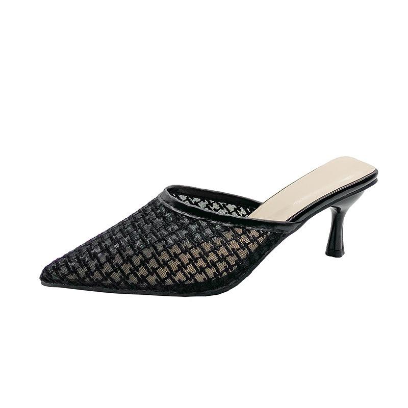 Летняя сумка голова полутапочки женские тонкие каблуки ретро сетка высокие каблуки крутые шлепанцы туфли с острым носком женские