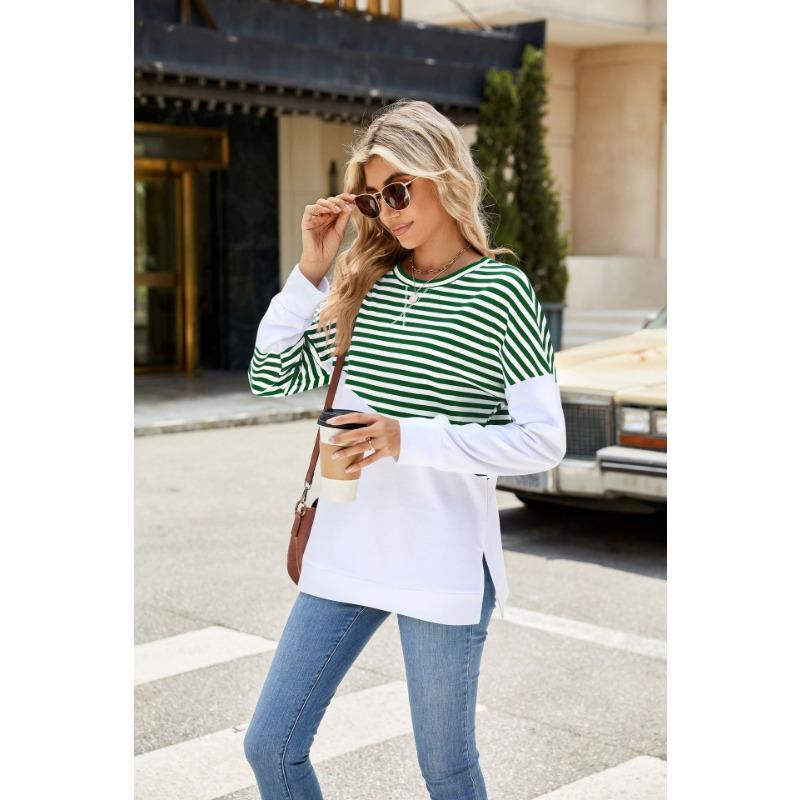 Осенние женские пуловеры, однотонный топ с длинными рукавами и круглым вырезом в полоску