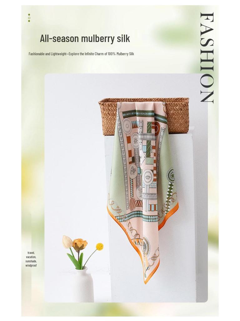 Изумрудно-зеленый шарф из тутового шелка: Универсальный солнцезащитный крем и солнцезащитный козырек с узором из значков