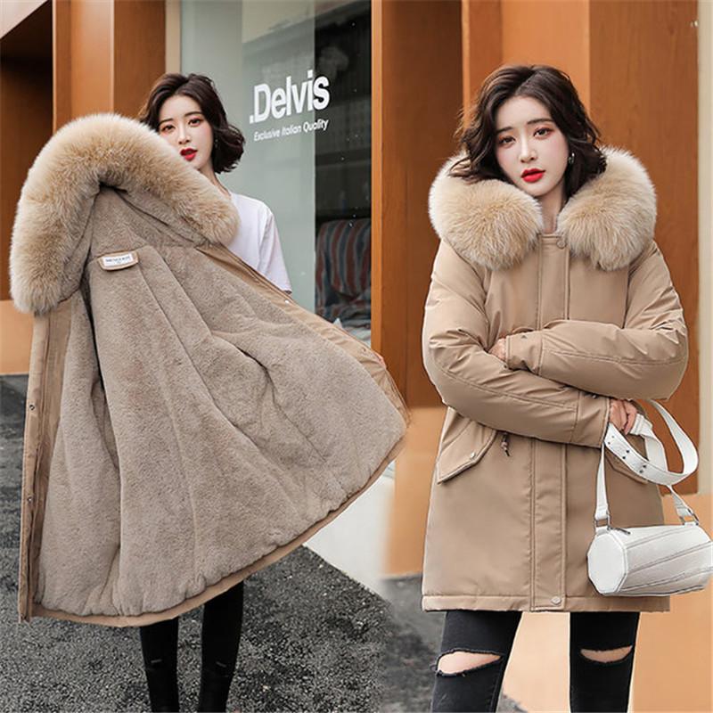 Women's Winter Plus Velvet Jacket Mid-length Korean Version of The Loose Big Fur Collar Fashion Thick Cotton Jacket