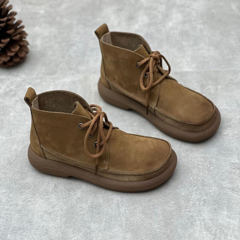 Johnature Женские короткие сапоги ручной работы в стиле ретро, ​​туфли из натуральной кожи, однотонные ботинки на шнуровке с круглым носком