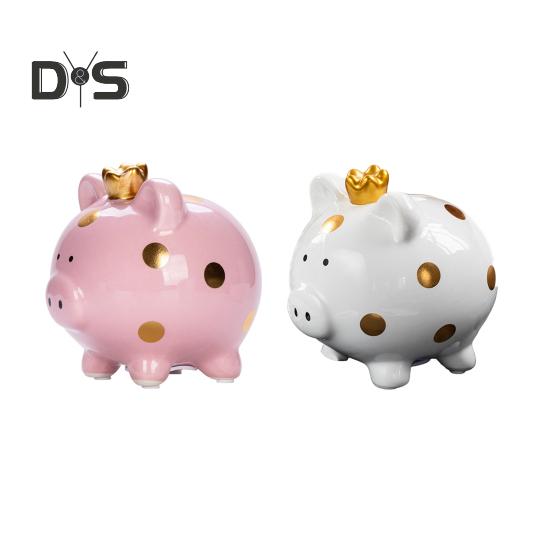 Ceramic Crown Pig Piggy Bank Golden Dot Cartoon Pig Coin Money Bank Home Office Bookshelf Desktop Decoration Ornament Kids Adults Gift