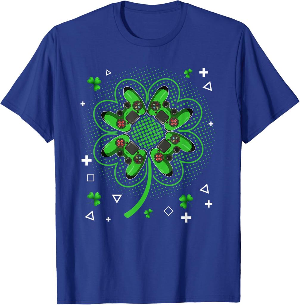 Gamer Shamrock Clover Controller St Patricks Day Graphic Tee Men Casual Trip T-Shirt