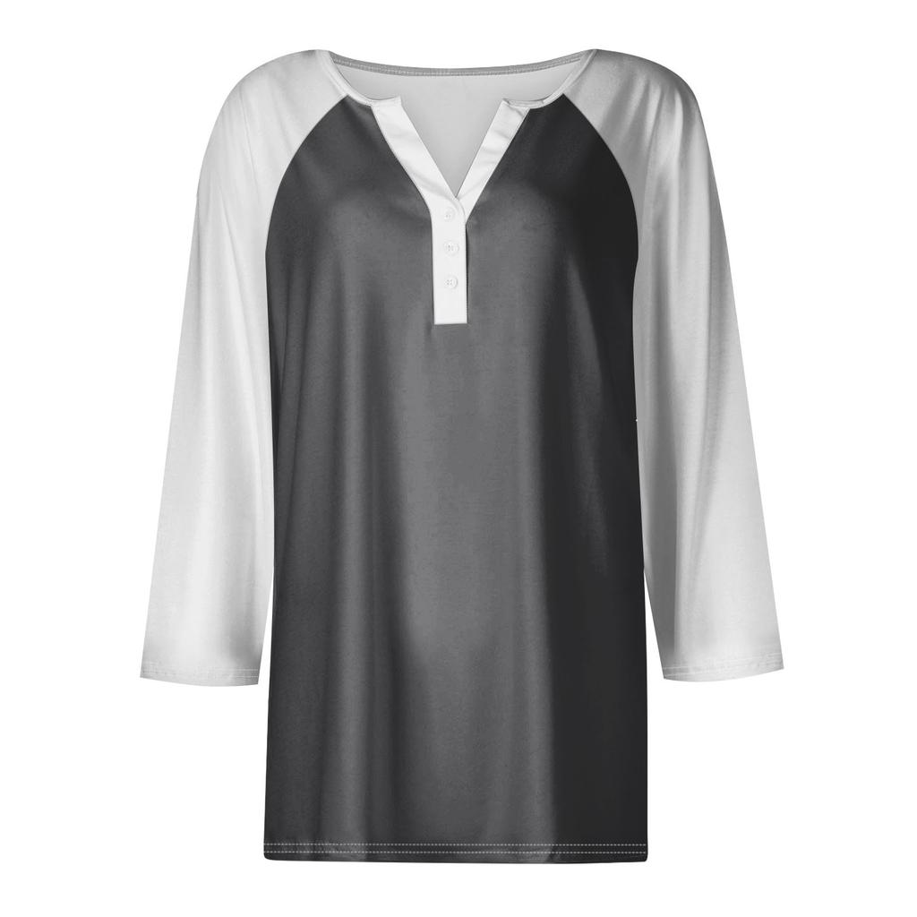 Жен. Футболка Футболка с принтом Пуговицы Рукав 3/4 Рукав реглан Повседневные Выходные Мода Классический V-образный вырез Обычный Топ