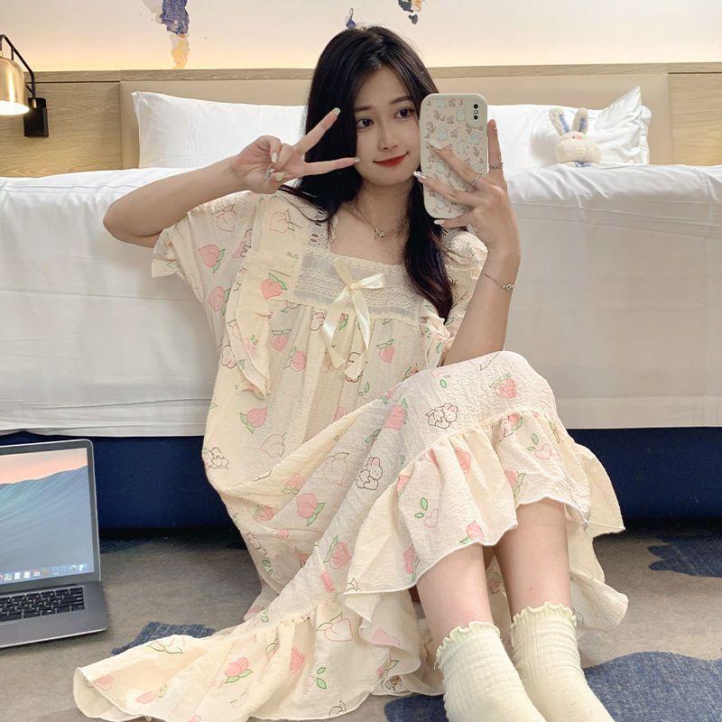 Пижамы для женщин летом милые тканые хлопковые пижамы в стиле принцессы с короткими рукавами для женщин летом тонкая весенне-осенняя домашняя одежда