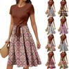 Women's Casual Fashion Belted Vintage Printed Short Sleeve Round Neck Elegant Dress