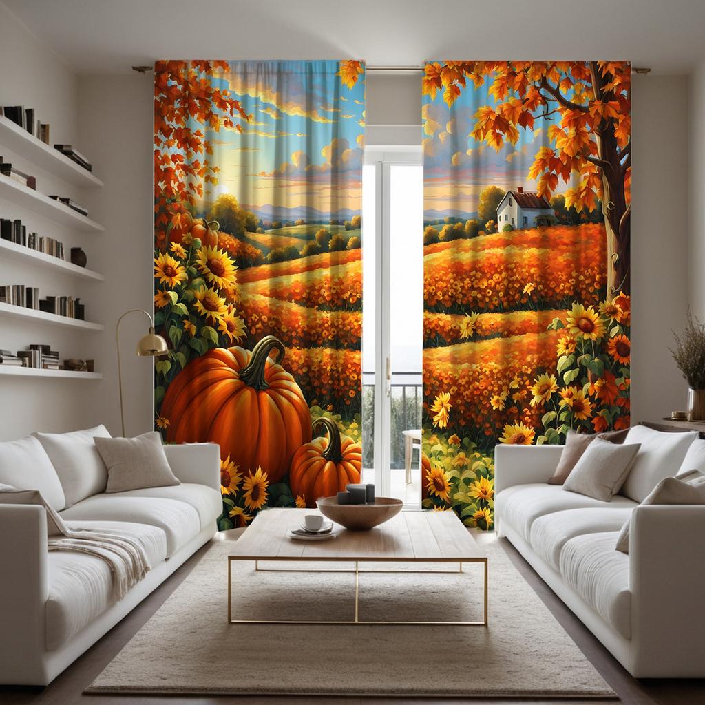 2 Pieces HD Field Sunflower Garden Maple Harvest Fruit Decorative Curtain Yellow Tie Digital Printed Curtain Home Decoration Sty