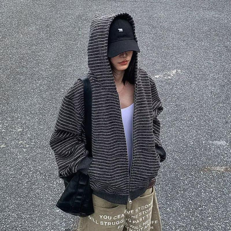 Унисекс Американский Ретро Пэчворк В Полоску Кардиган на Молнии с Капюшоном 2025