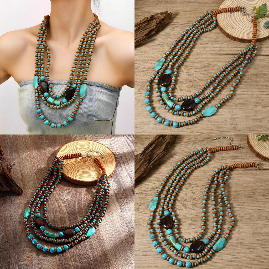 Art Bohemian Multilayer Wooden Pearl Necklace Round Geometric Decoration Women
