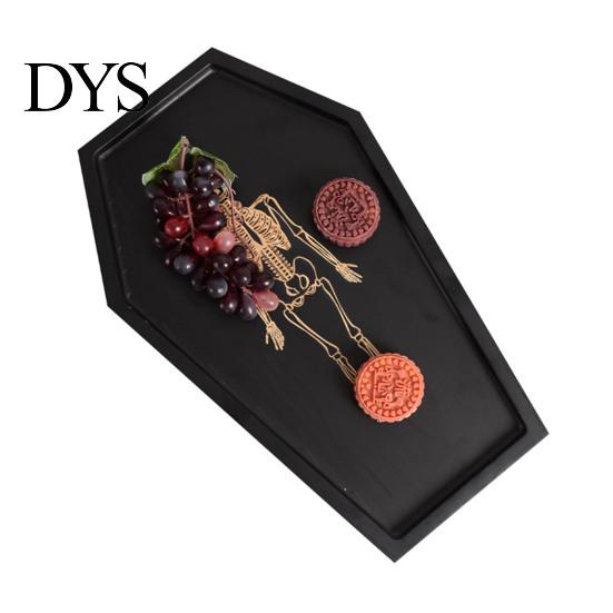 Gothic Storage Tray Halloween Serving with Engraved Skeleton, Wooden Charcuterie Board, Casket Black Vanity Organizer Shape Platter for Party, Spooky