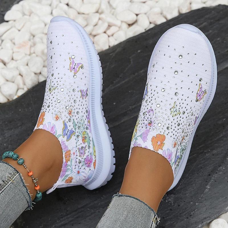 Мода Мода Цветочный принт Кроссовки на платформе Женские Декор стразами Легкие прогулочные туфли Женские Дышащие вязаные Белые спортивные туфли