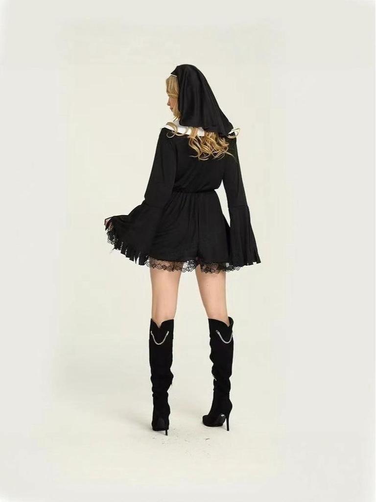 Женское кружевное платье для косплея монахини 2025 - Длина до колена, с длинным рукавом, наряд для вечеринки