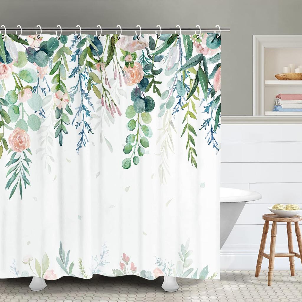 Tropical Green Leaves Plant On White Background Odorless Shower Curtains for Bathroom Showers and Bathtubs Decor with Hooks