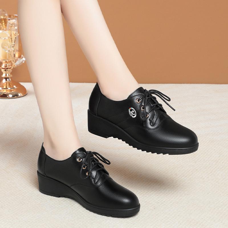 Fashion Spring Autumn Comfortable Non-slip Lace-up Women's Mother Single Shoes Mid-heel Soft Leather Wedge Pump Middle-aged Elderly