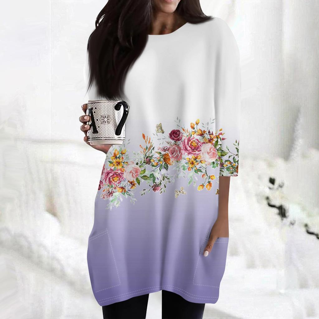 Женские повседневные рубашки с рукавами 3/4, модные туники с принтом, топы с карманами