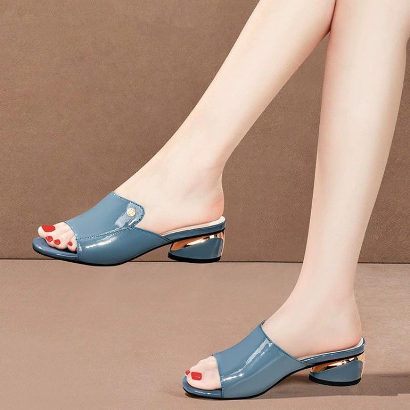 Женские летние однотонные женские босоножки на среднем каблуке, мягкая кожаная верхняя одежда, женские, с застежкой «рыбий рот», 42 ярда, классные тапочки