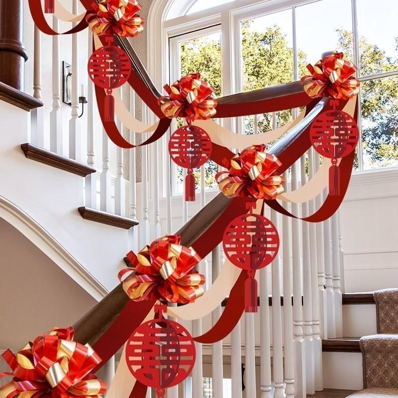 Double Happiness Ribbon & Flower Stair Railing Decoration for Wedding Room