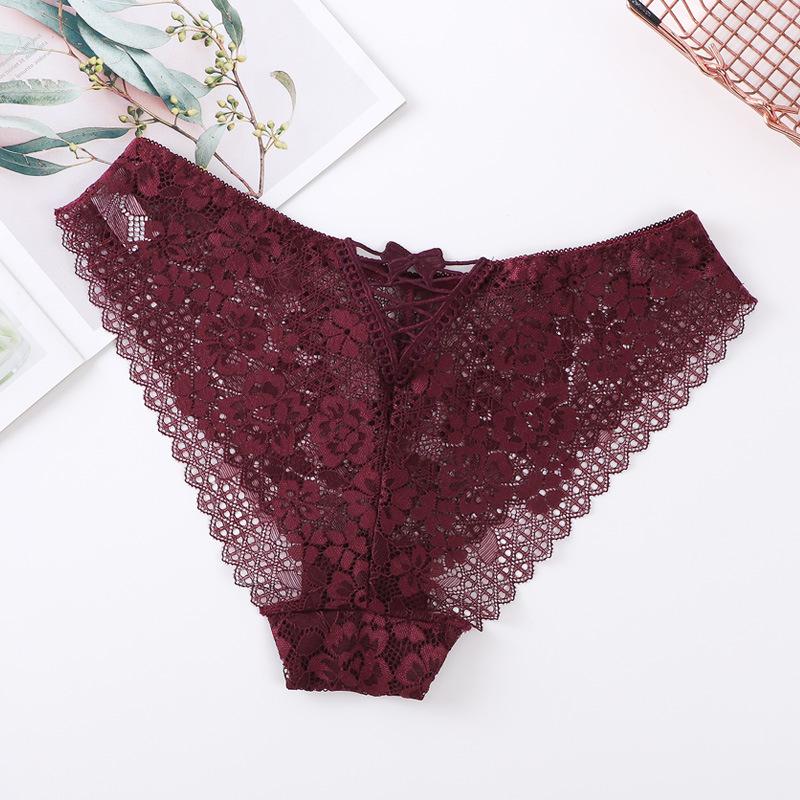Women's Lace Mid-rise Bowknot Cross-strap Sexy Briefs Hollow Transparent Cotton Crotch Panties