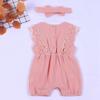 Summer Baby Girl Rompers Baby Solid Lace Design Clothes Linen Ruffles Toddler Flare Sleeve Jumpsuit Headband One-Pieces