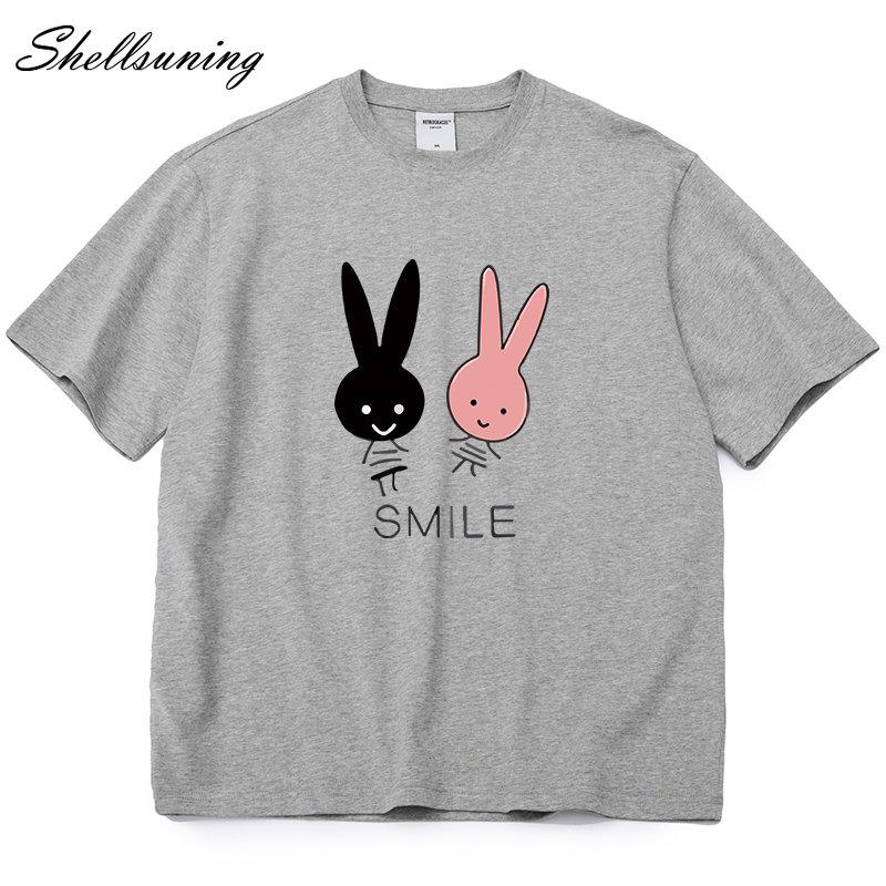 Shellsuning Cute Bunny Graphic Printed T Shirts Women Summer Casual Loose O Neck Short Sleeve Tees Female Trendy 100% Cotton Tops Lady