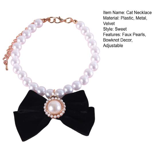 Princess Style Cat Necklace Faux Pearls Velvet Bowknot Decor Adjustable Design Pet Kitten Collar Pet Accessory