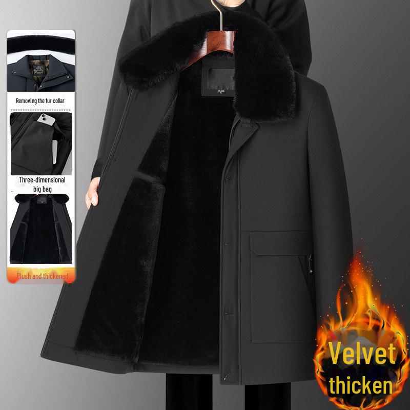 Мужское зимнее бархатное толстое теплое хлопковое пальто - большого размера, свободного кроя, средней длины для людей среднего и пожилого возраста