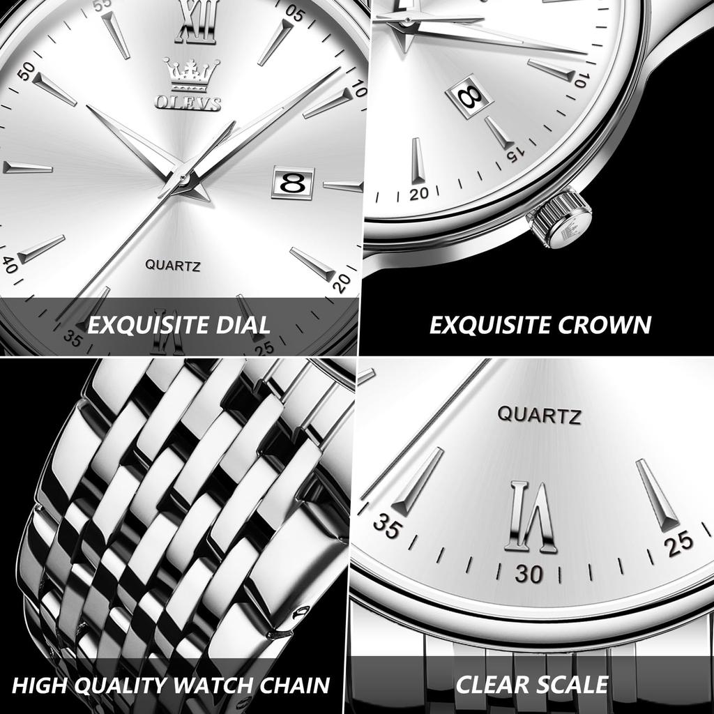 Часы OLEVS Популярные водонепроницаемые модные наручные часы Стильные металлические часы с календарем Серебряный циферблат Белые деловые часы Ремешок из нержавеющей стали Аналоговые кварцевые часы
