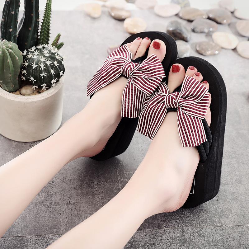 Summer Slippers 6cm High Heels Beach Flip-flops Cute Fashion Bow Over Flip-flops
